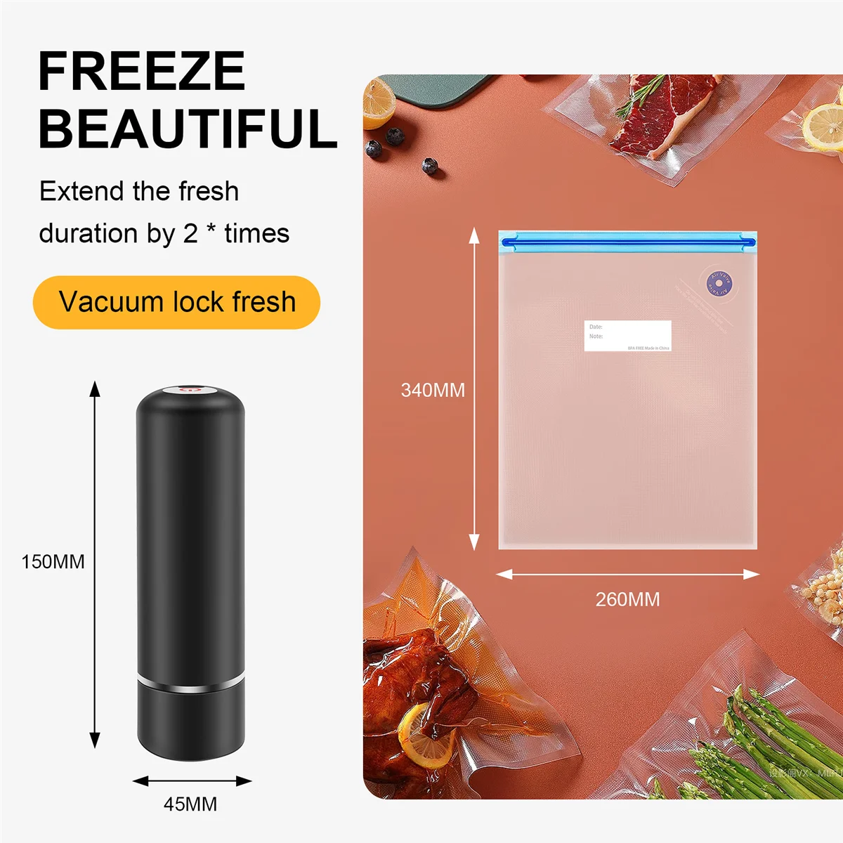 Food Vacuum Sealer Machine Set with 3 Bags USB Rechargeable Handheld Pump for Foodsaver (Black)