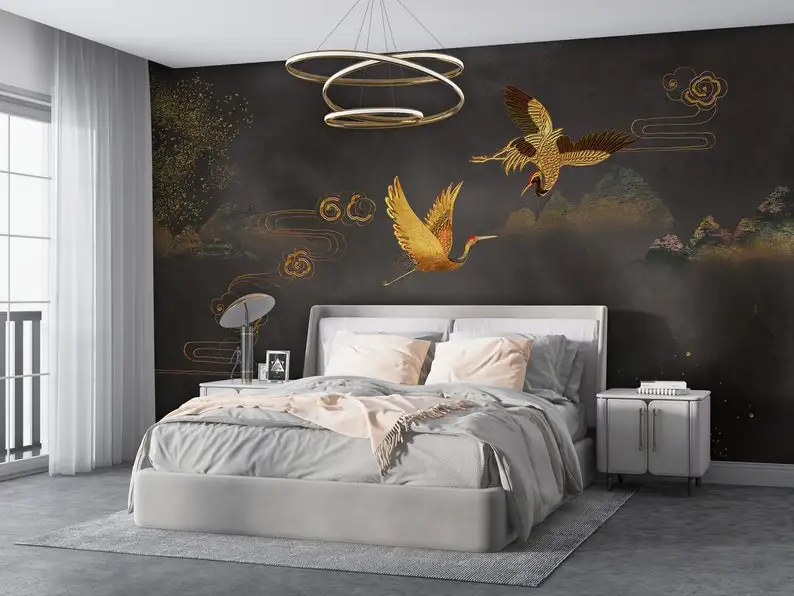 

Vintage Wallpaper Crane and Golden Effects