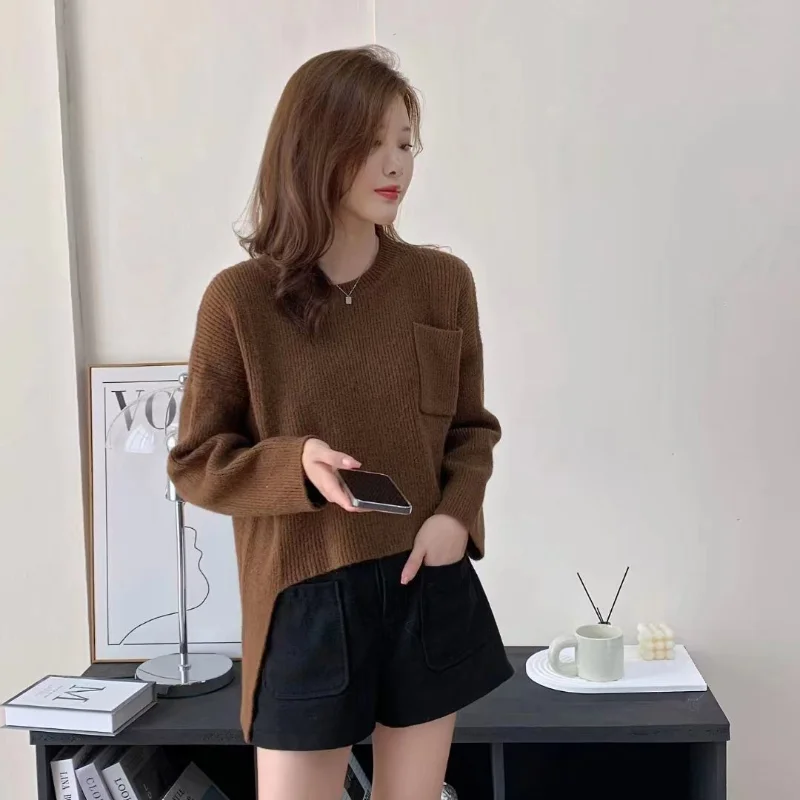 

Пуловер женский с длинным рукавом, свободный Универсальный свитер, асимметричный вязаный свитер, Осень-зима