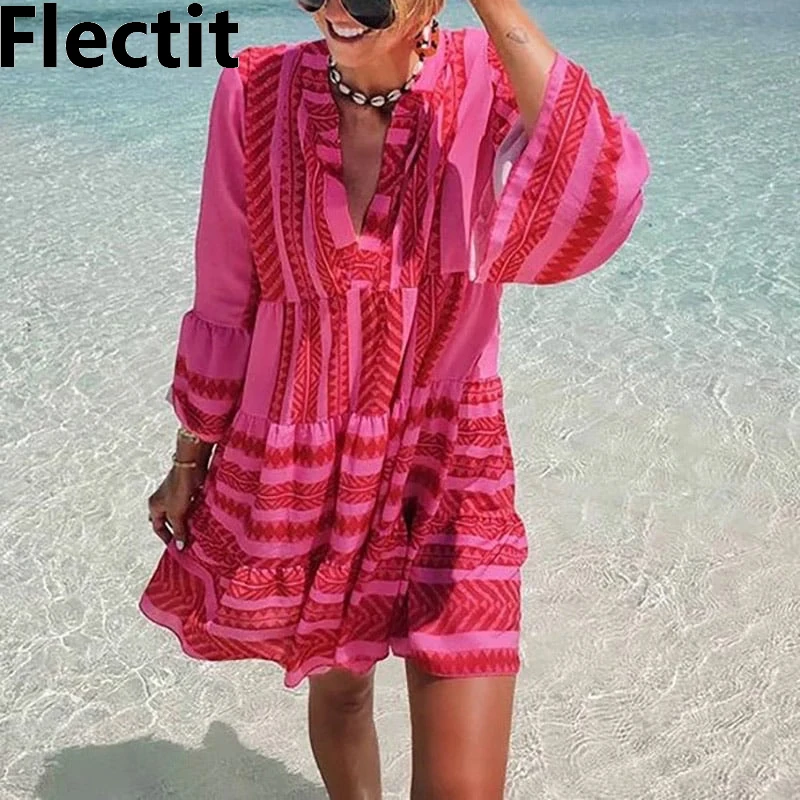 

Flectit Women Aztec Dress Boho Chic Flared Sleeve Tiered Tunic Dress Summer Ladies Vacation Resort Wear