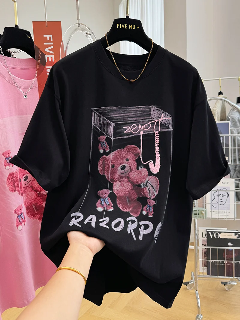 Свободная футболка из чистого хлопка с коротким рукавом и мультяшным принтом