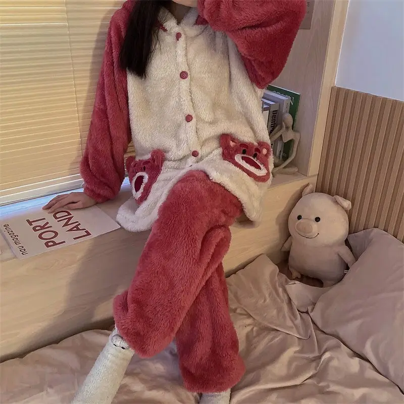 

Женская зимняя пижама Disney Lotso с бархатной подкладкой, теплая фланелевая мягкая