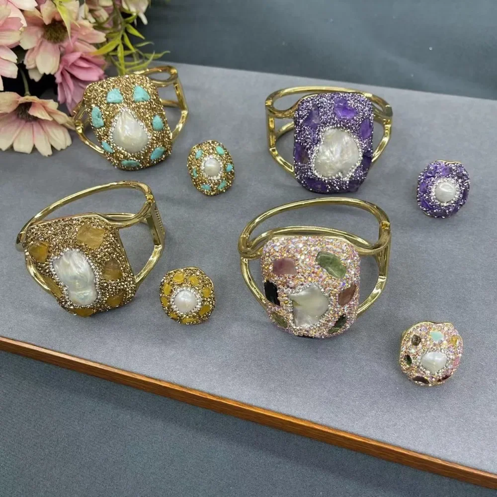 Новый женский комплект открытых колец-браслетов с натуральным жемчугом и