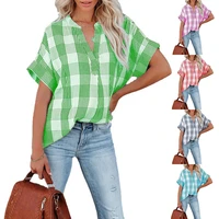 2022 spring summer new plaid short sleeved shirt european and american printing v neck loose casual top women female clothing