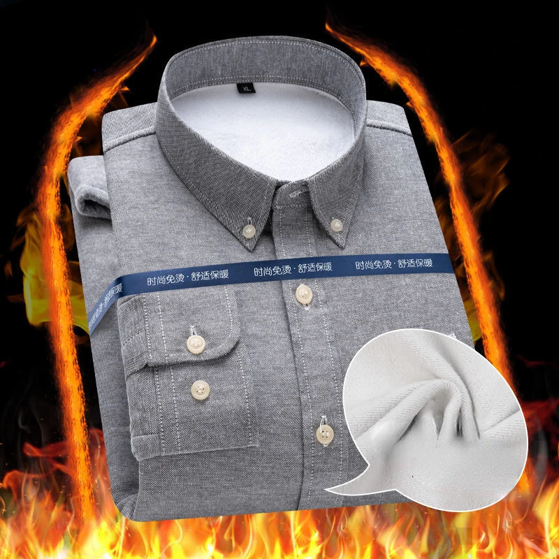 Autumn and Winter Men's Plush Warm Shirt Oxford Textile Flocking Cold Proof Embroidery Thickened Long Sleeved Shirt