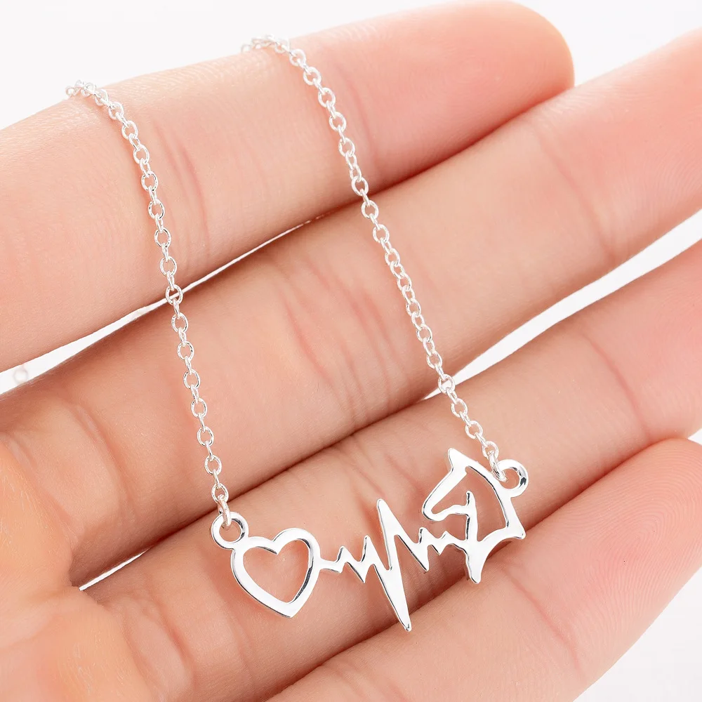 

TULX Stainless Steel Electrocardiogram ECG Horse Head Pendant Necklace For Women Animal Heart Heartbeat Necklace Chocker Jewelry