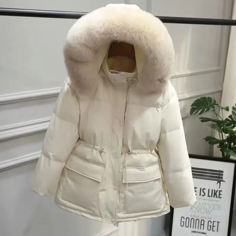 Winter new down cotton-padded jacket women's short Korean version of slim drawstring padded hooded fur collar coat