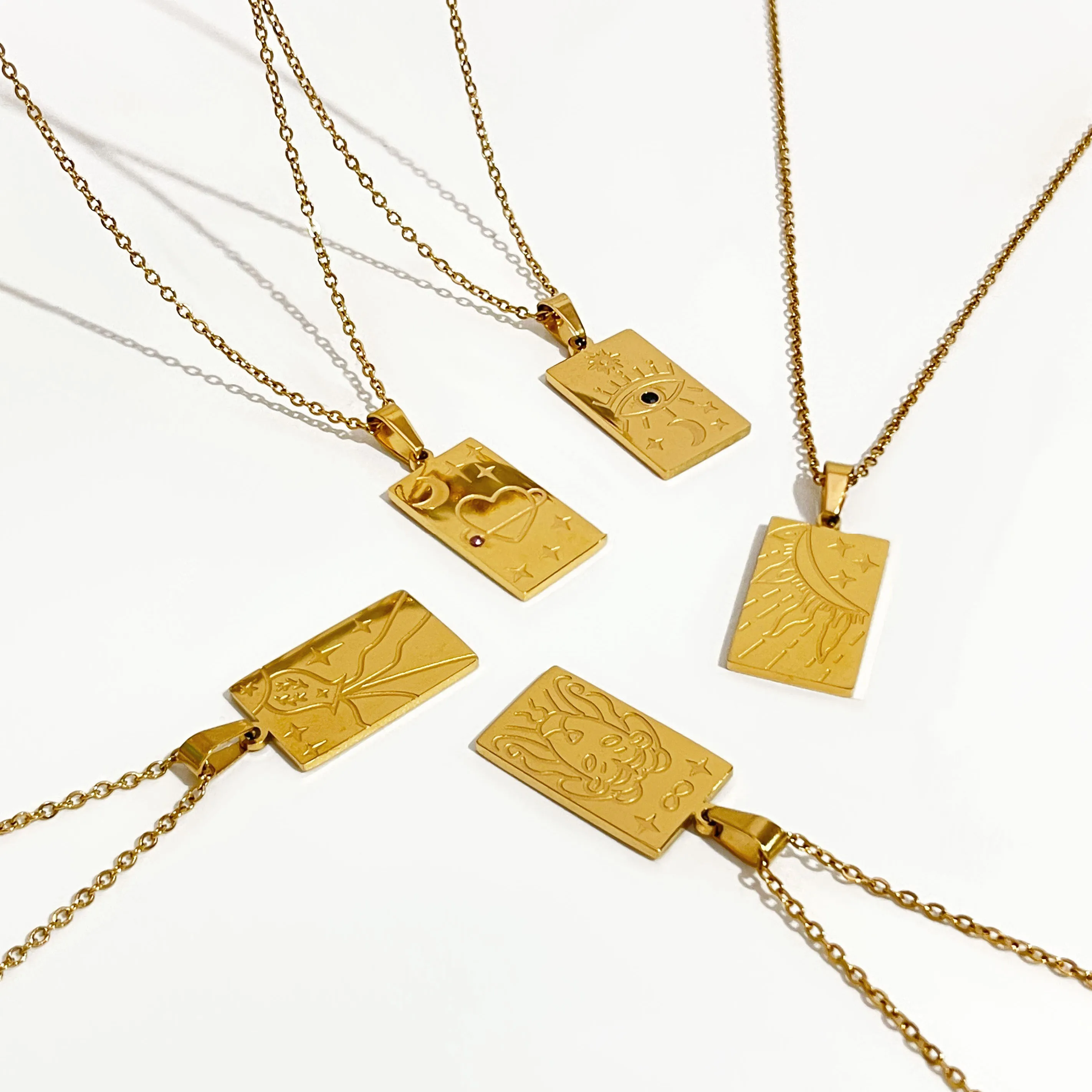 

Peri'sBox Fashionable Card Charm Necklaces For Women Vintage Gold Color Engraved Heart Sun Star Lion Square Pendant Necklace