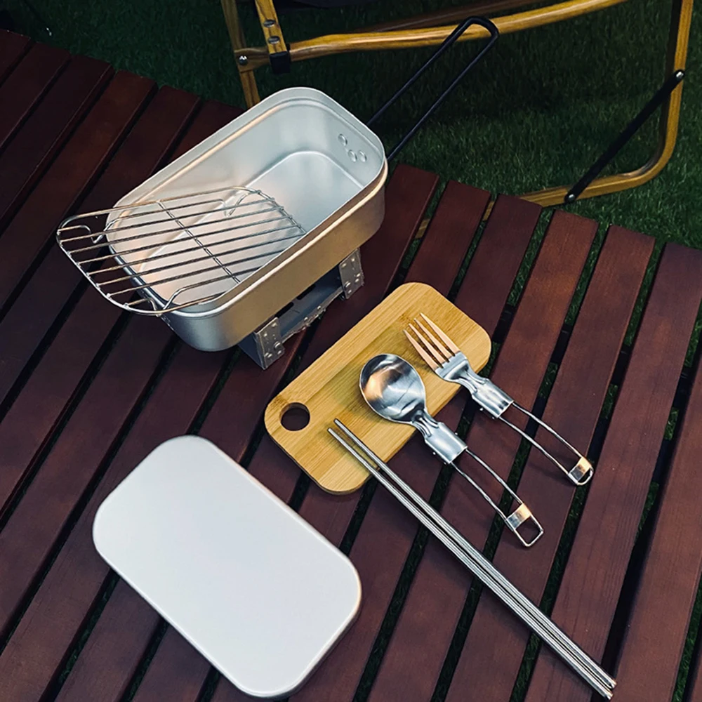 

Outdoor Travel Cutlery Set Camping Multifunctional Aluminum Alloy Lunch Box Portable Folding Reheatable 500-800-1000ML Capacity