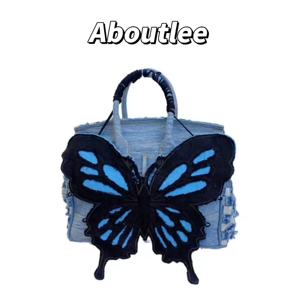 Aboutlee Fashion Retro Hot Girl Butterfly Decorat Handbag Brand Large Capacity Denim Crossbody Bag Niche Designer Women Tote Bag