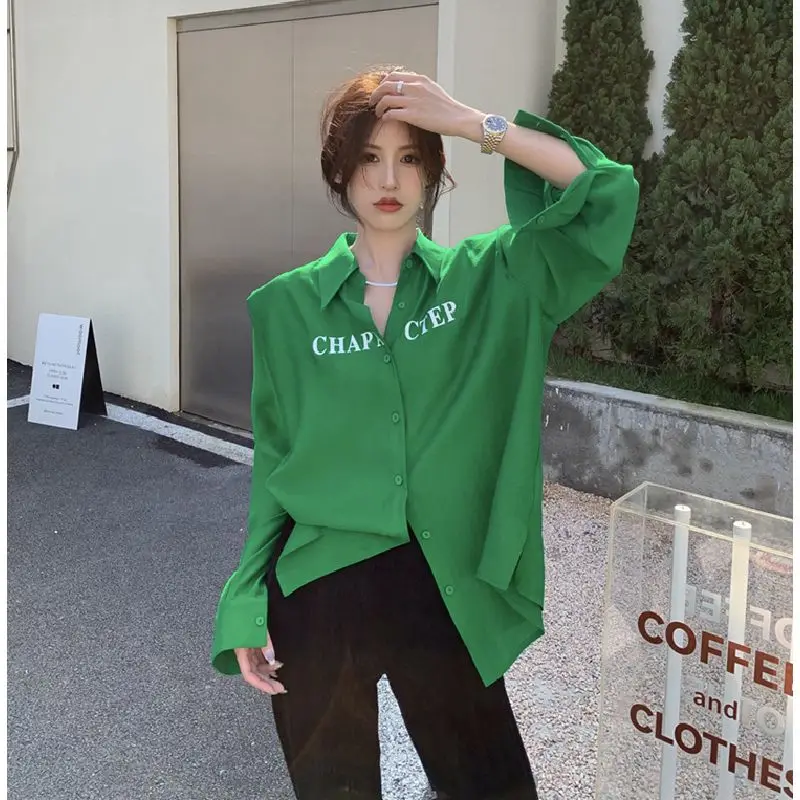 

Deeptown Korean Style Green Blouses Women Oversized Elegant Chic Shoulder Pads Tops Female Long Sleeve Shirts Autumn Fashion