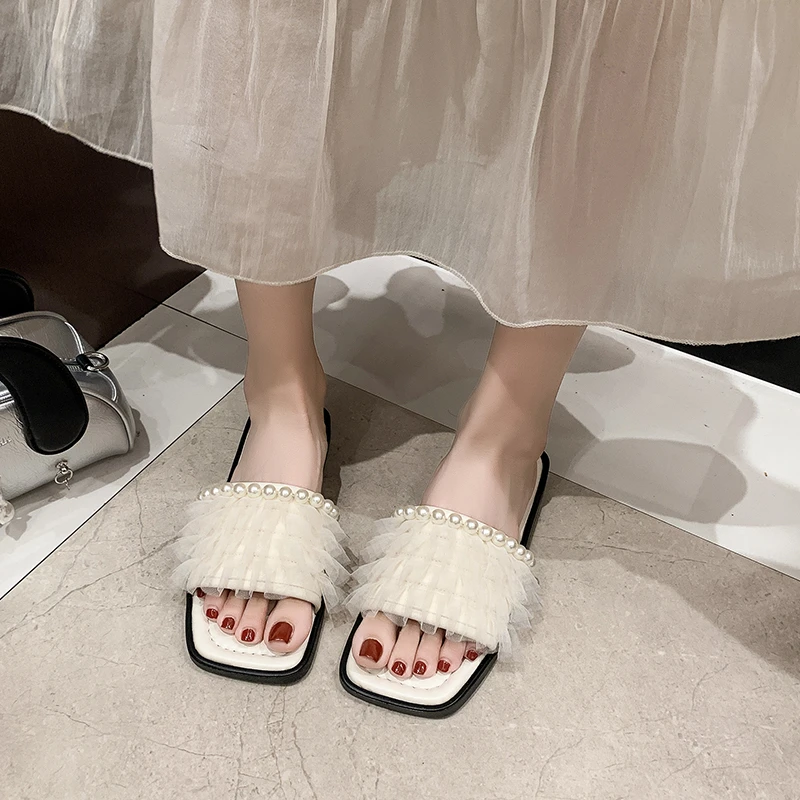 Женские летние шлепанцы сандалии с квадратным сетчатым жемчугом мягкая подошва