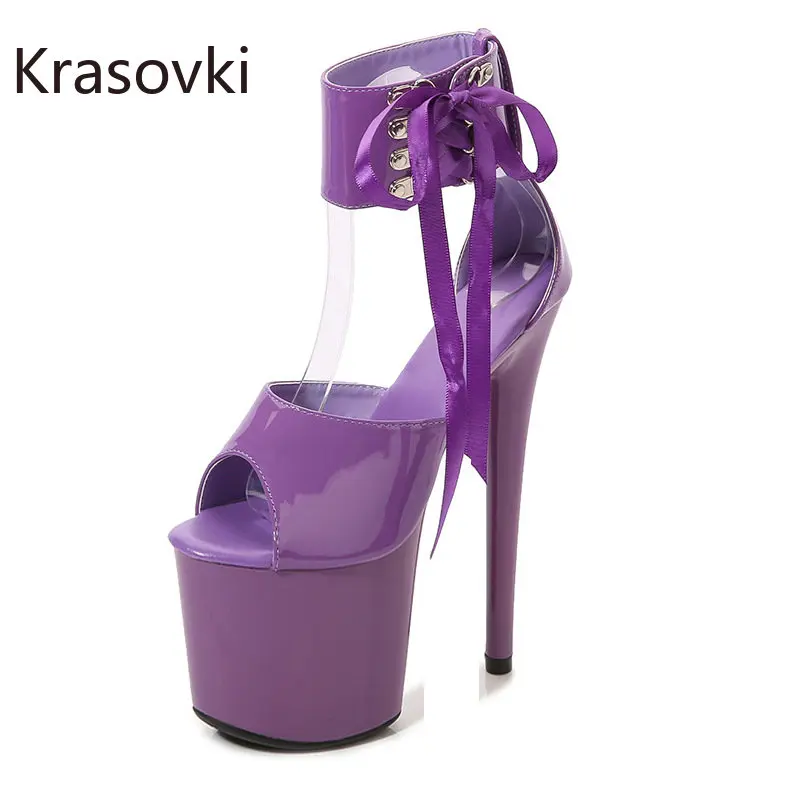 

Krasovki 17cm Patent Leather Synthetic Sexy Big Size Sandals Crystal Boots Dancing Elegance Summer Platform Wedge Women Shoes
