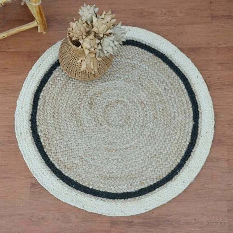 Rugs 100% Natural Jute Round Carpet White and Black Stripe  Area Rug Home Living Floor Mat