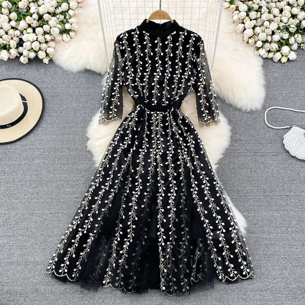 

Summer Women Stripe Flower Embroidery Lace Mesh Tulle Dress Party Night