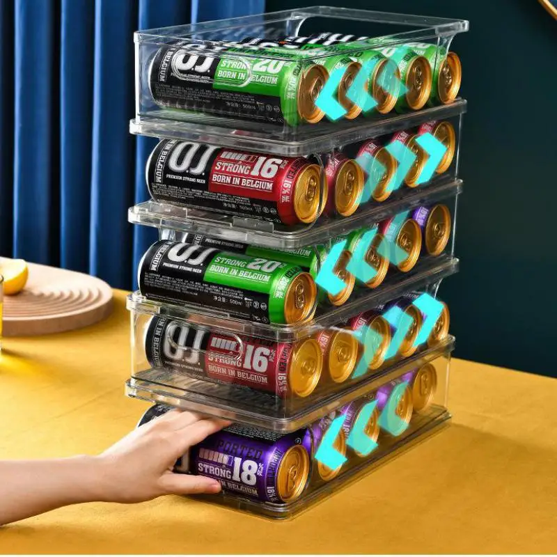 

1/2 Tier Rolling Stackable Beverage Can Organizer Fridage Soda Beer Holder Storage Bin Dispenser Plastic Kitchen Pantry Rack