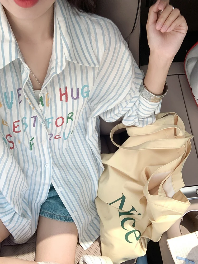 Zeng Xiaoxian морская соль кислород синий в полоску с буквенным принтом длинными