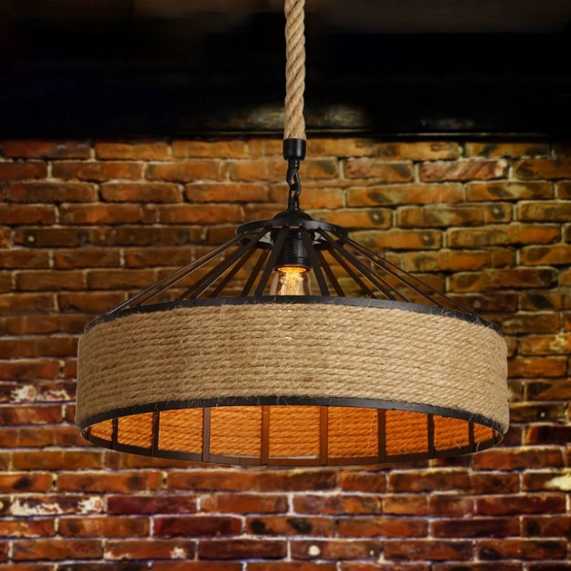

American Retro Hemp Rope Pendant Lamp Round Iron Restaurant Decor Hanging Lighting for Kitchen Living Room Loft Bar Chandelier