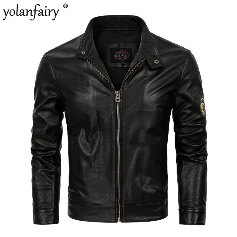 

Мужская мотоциклетная кожаная куртка, 2023 натуральная кожа, короткие куртки для мужчин, облегающие повседневные куртки из воловьей кожи, кожаная куртка Lq