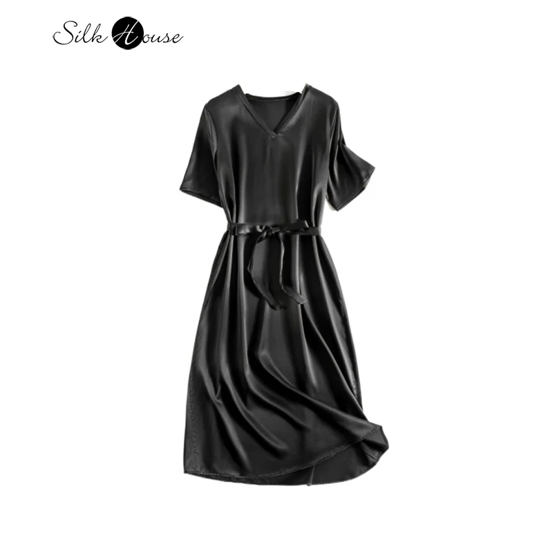 Silky Satin Silk Mulberry Silk Plain Crepe Satin Black V-neck Middle Sleeve Length Silk Mulberry Silk Dress 2022 Fashion New