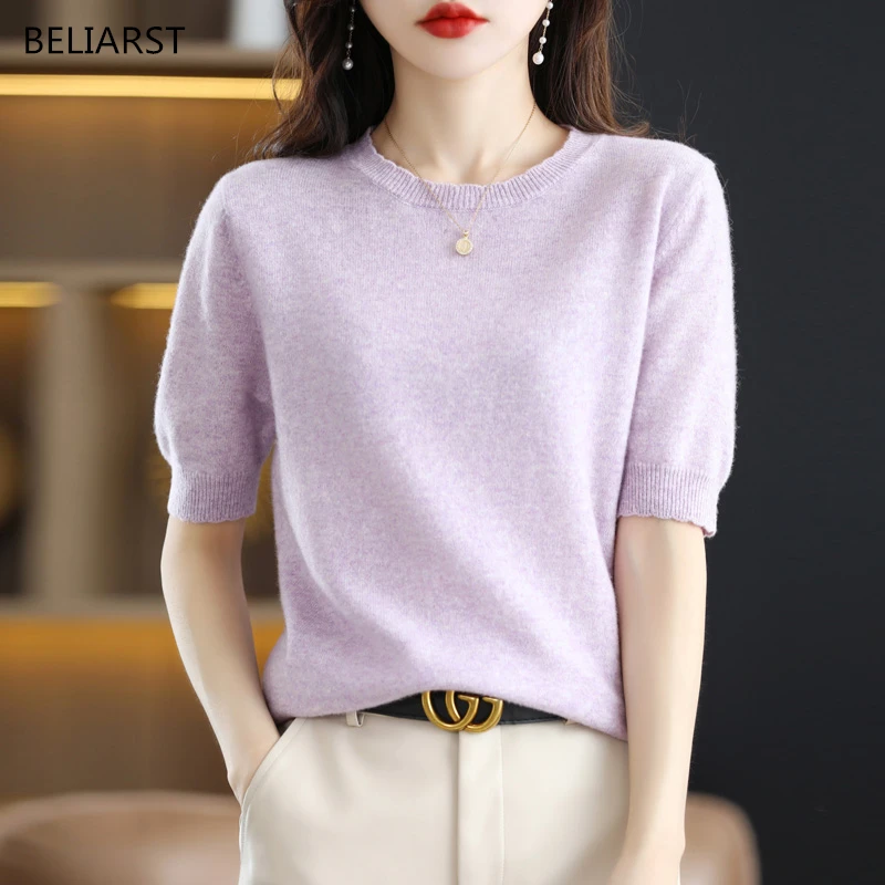 

New 100% Pure Wool T-shirt Women Lace Round neck Pullover Short sleeves Spring /Autumn Fashion Loose Knitted Wool Tees Tops