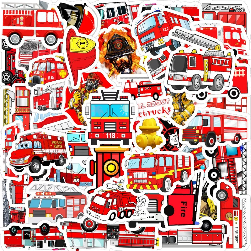 10/25/50pcs Fire Engine Truck Graffiti Stickers Firefighter for Scrapbook Suitcase Water Bottle Phone Laptop Car Skateboard Kids