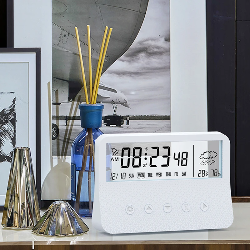 

Creative Table Clock LCD Display Temperature Humidity Week Calendar Mute Snooze Electronic Clock Home Decor Digital Alarm Clock