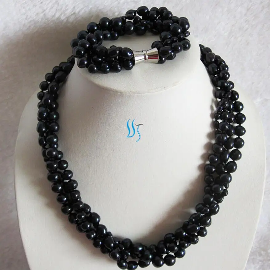 

8inch 4-10mm 4Row Black Freshwater Pearl Necklace Bracelet Set