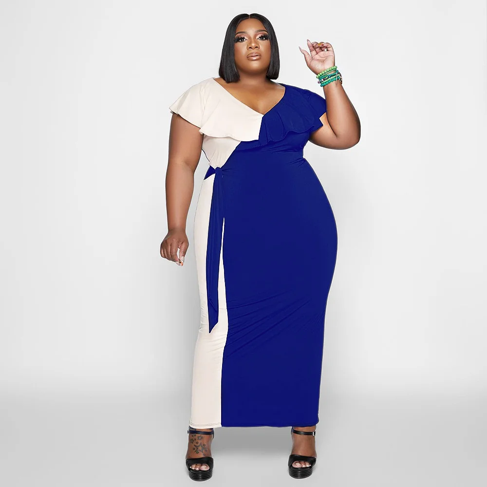 Plus Size Fashionable New Women's Casual Ruffle Collar Color Contrast Sleeveless Lace Dress V-Neck Wrapped Hip Slim Fit Dress