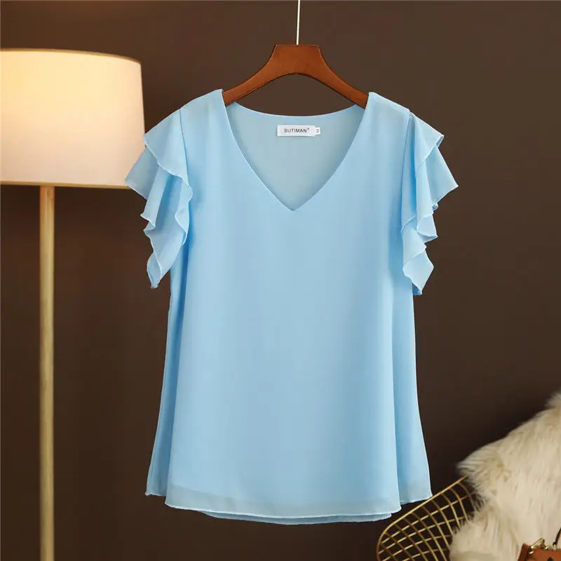 

MOYISU New Fashion Chiffon Blouses Women Summer Short Sleeve V-Neck Loose Blouse Ladies Top Oversize blusas mujer de moda 2023