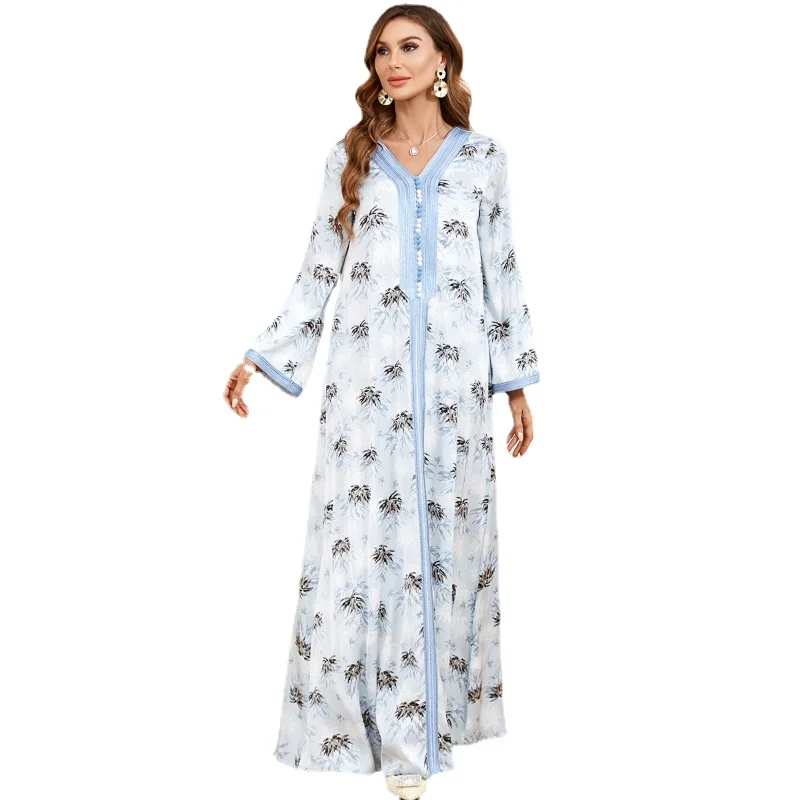 2023 Spring Summer Muslim Women V-neck Long Sleeve Polyester Printing Green Light Blue Long Dress Muslim Fashion Abaya