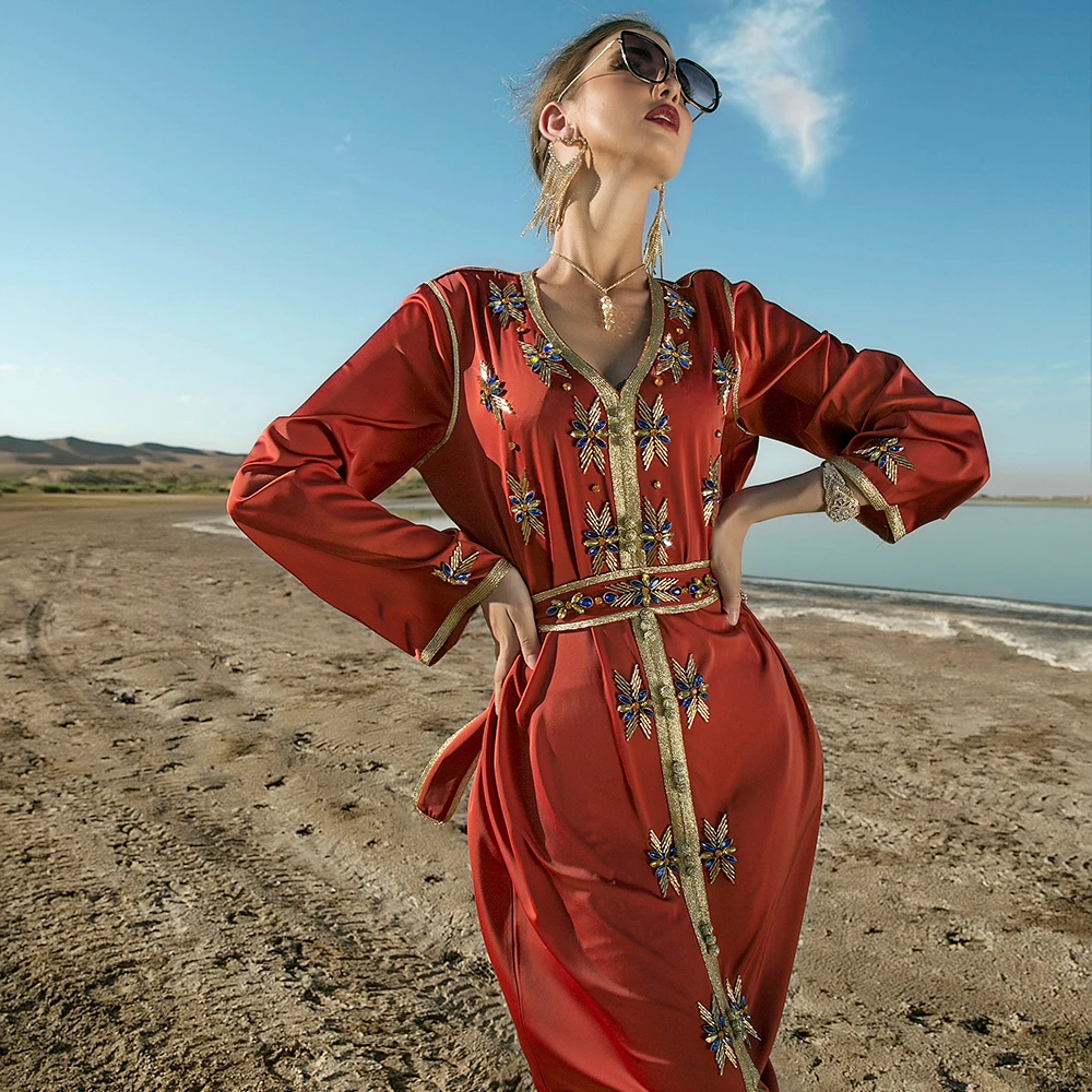 Ramadan Eid Mubarak Orange Abaya Dubai Turkey Islamic Arabic Muslim Long Party Evening Dresses For Women Robe De Soiree Femme