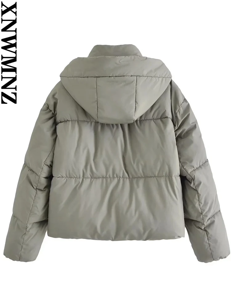 XNWMNZ Women Fashion Hooded Thick Warm Padded Crop Jacket Coat Woman Vintage Front Zip Pockets Female Outerwear Chic Tops