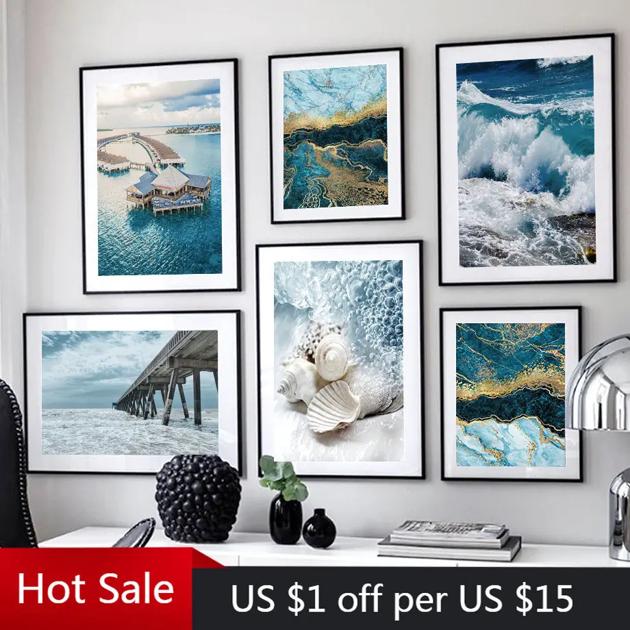 

Плакаты и принты с изображением морских волн, ракушек, пляжа, церкви, пейзаж, настенная живопись на холсте, настенные картины для гостиной, д...