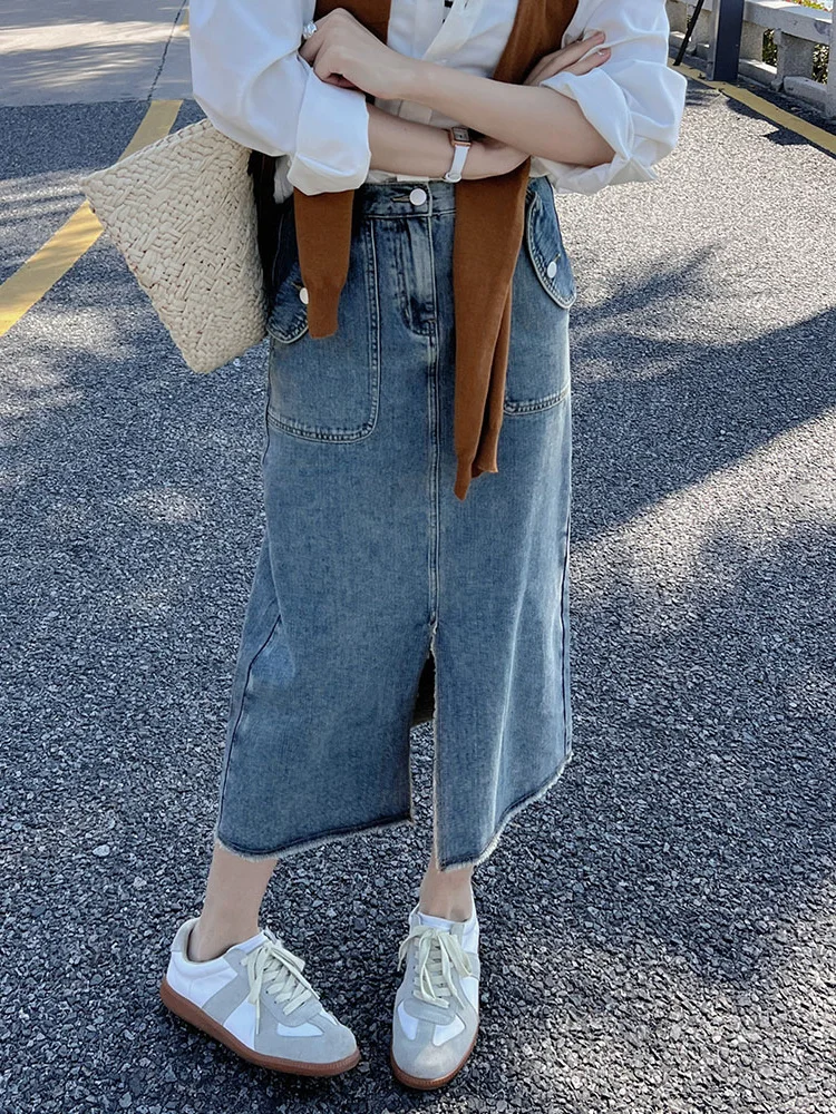 

Французская нишевая дизайнерская джинсовая юбка, Женская моющаяся прямая юбка с высокой талией и разрезом, премиум-качество