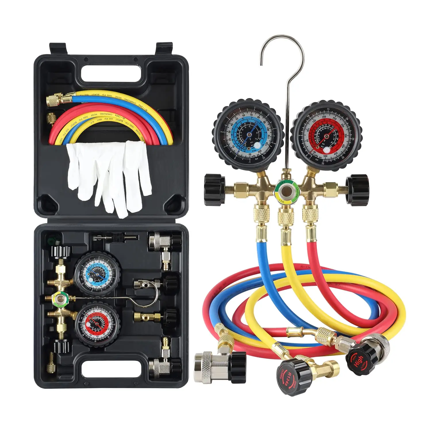 

AC Gauges R134a R22 R12 R502 A/C Diagnostic Manifold Gauge Set with 5FT Hose, Couplers Puncture and Self Sealing Can Tap, Classi
