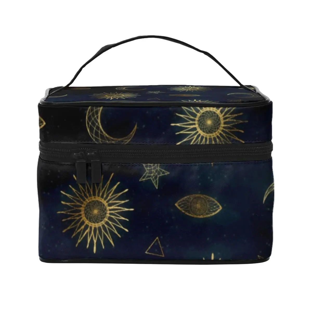 

Magical Symbol Cosmetic Bags Gold Moon Sun Stars Restroom Multi-purpose Storage Organizers with Handle Women Makeup Pouch