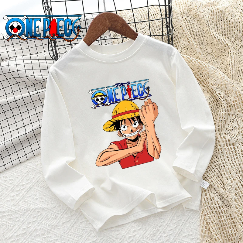 Фото Детская футболка One Piece с длинными рукавами, модная детская одежда в стиле хип-хоп, хлопковая футболка с круглым вырезом для малышей, летняя одежда с героями мультфильмов и аниме для малышей №1