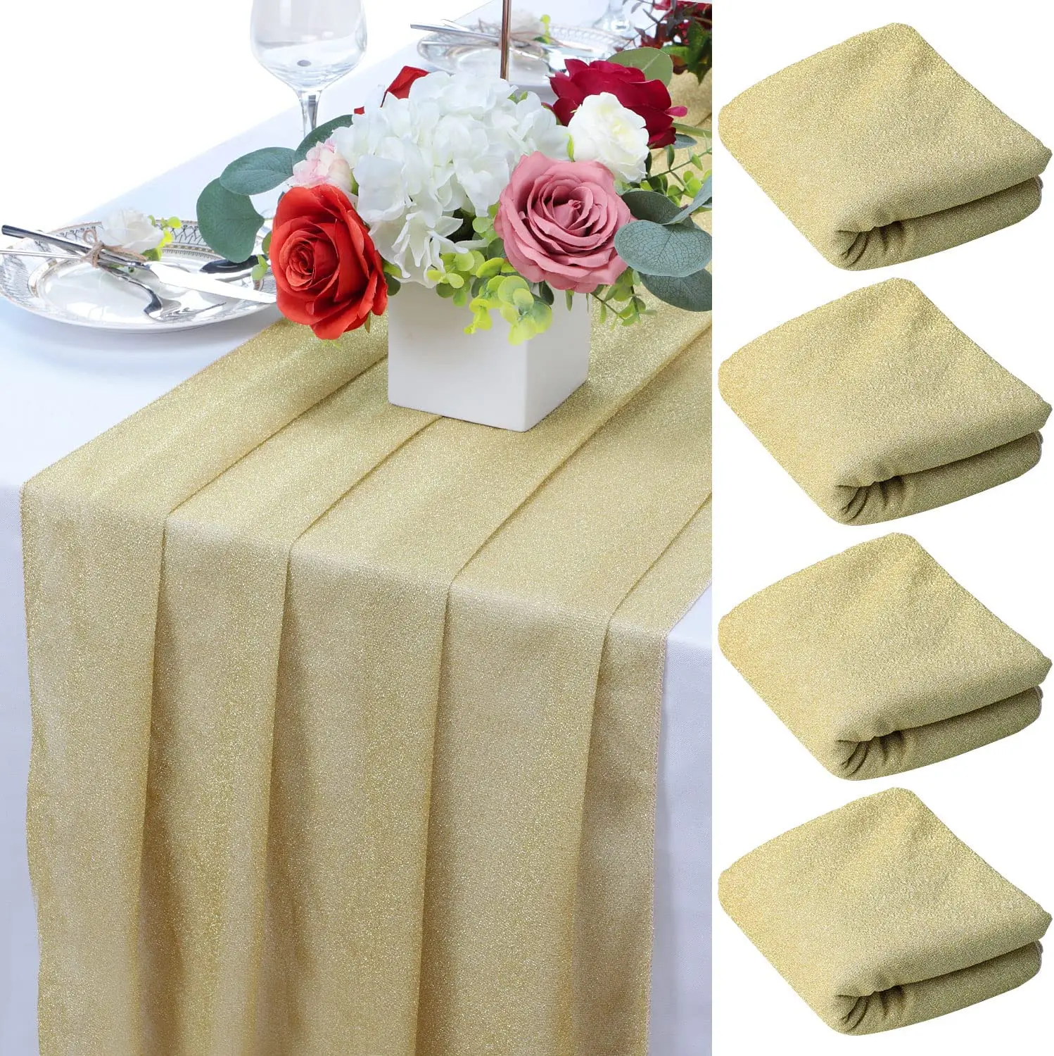 

4pcs Wedding Gold Glitter Table Runner,29*120" Sheer Gauze Dining Table Decorations For Wedding Banquets Bridal Party
