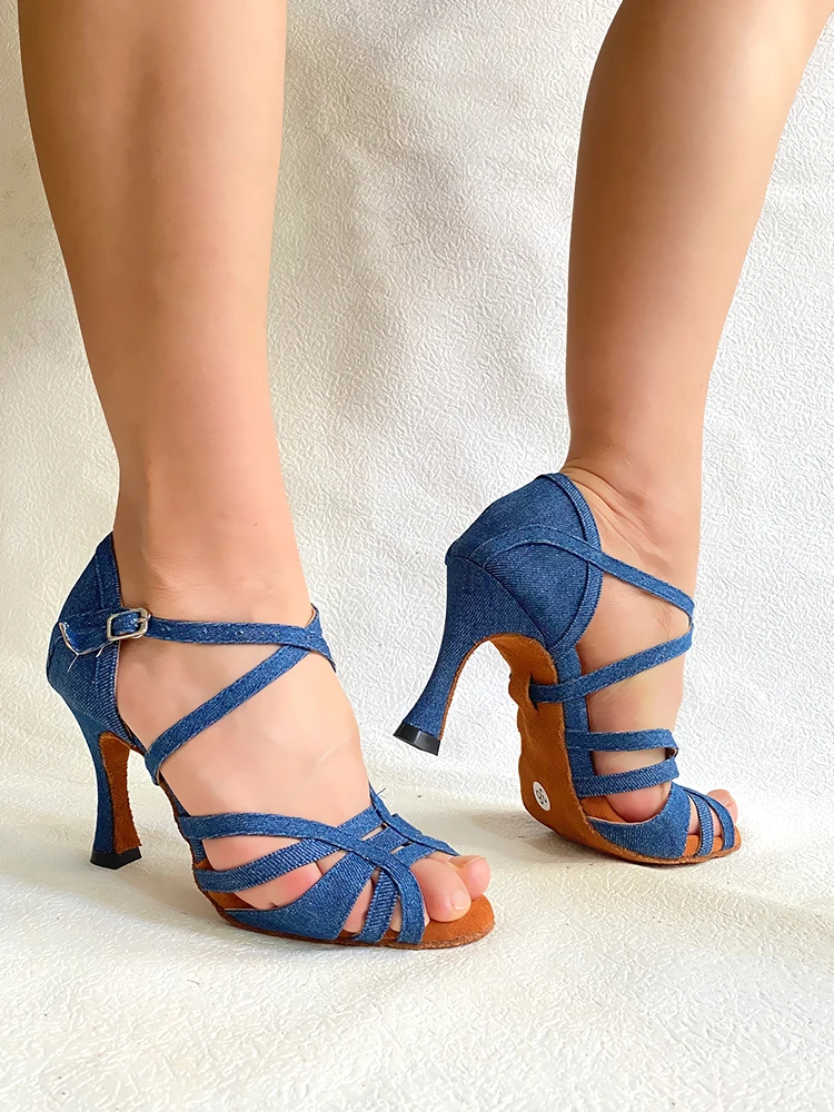 Women Latin Dance Shoes Denim Professional Tango Summer Flock Dance Sandals Hot Sale Factory Selling ZAPATOS DE BAILE
