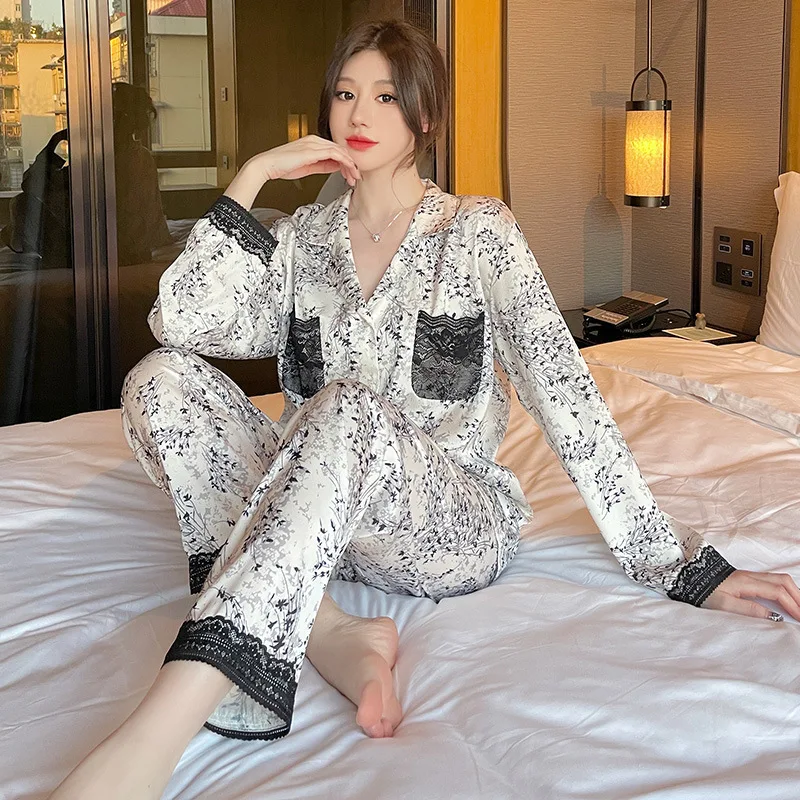 

Jxgarb Весна-Осень Новые Сатиновые и кружевные женские милые женские брюки с длинным рукавом в Корейском стиле 2 предмета пижамные ночные рубашки
