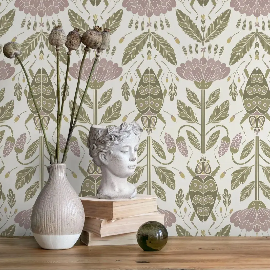 Розовые обои с цветочным принтом и жуком отклеиванием наклейкой съемные