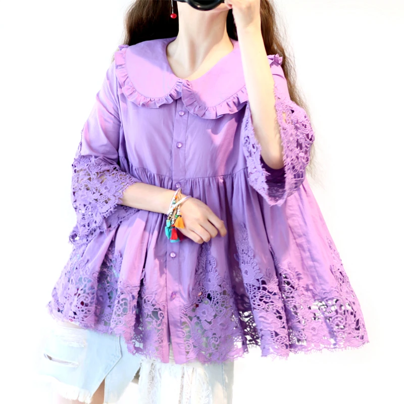 

Spring Summer Women Loose Plus Size Japan Style Mori Kei Girl Girly Ruffled Hollor Out Embroiderey Lace Cotton Shirts/Blouses