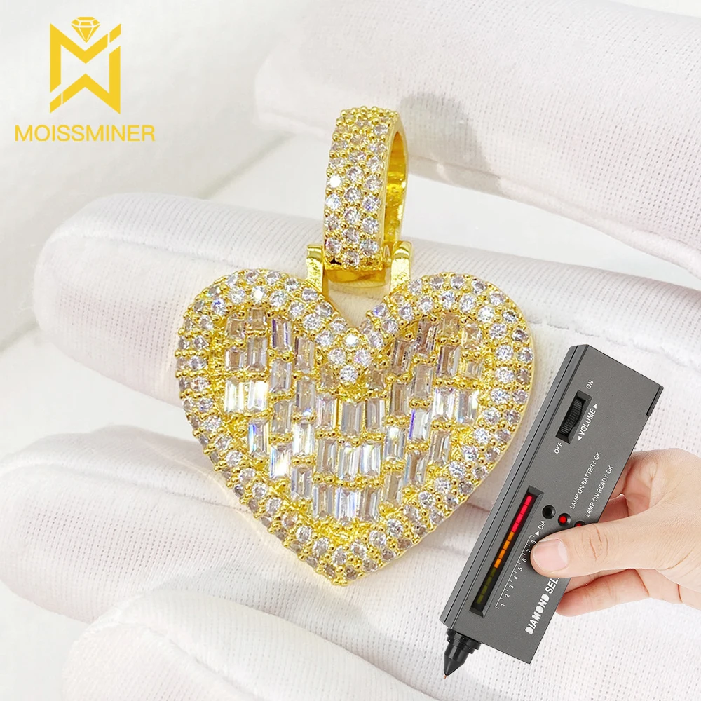 Bling Heart Square Moissanite Pendant Necklaces For Men Real Diamond Necklace Women Jewelry Pass Tester With GRA