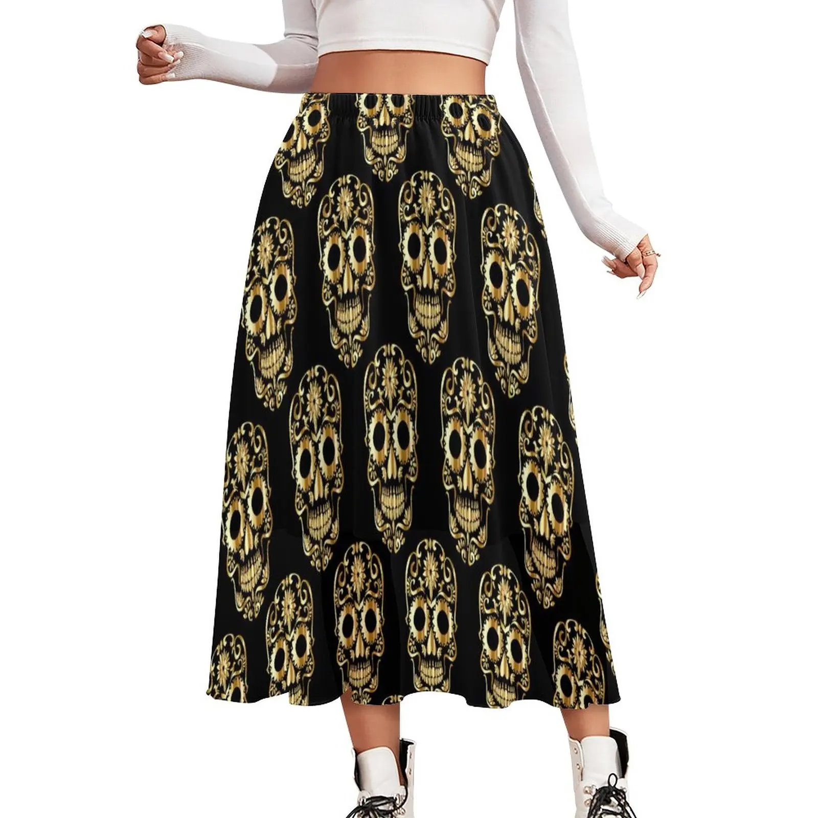 

Gold Sugar Skull Skirt Abstract Skulls Beach Boho Skirts Spring Streetwear Elastic Waist Chiffon Printed Oversized A-line Skirt