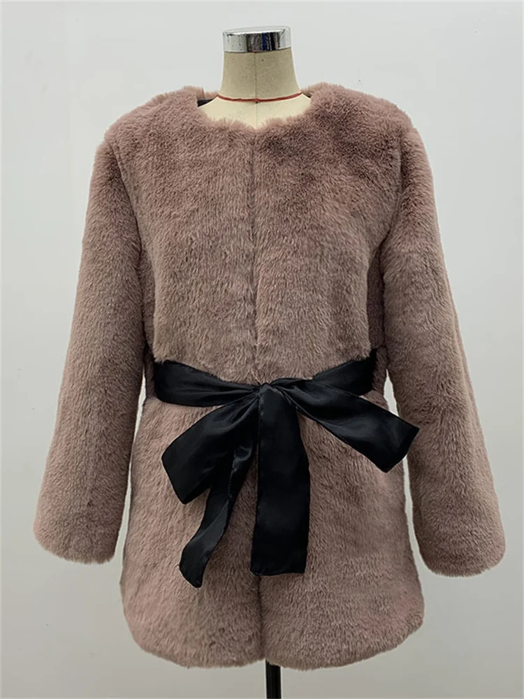 Autumn And Winter New Faux Fur Coat Women Korean Style Warm Casual Round Neck Long Sleeve Coat Female Elegant Lace-up Bow Tops