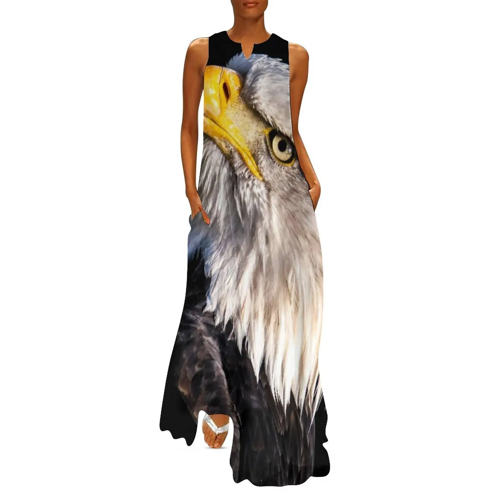 

Bald Eagle Dress Majestic USA Eagle Spirit Vintage Maxi Dress Street Style Casual Long Dresses V Neck Print Vestido 3XL 4XL 5XL