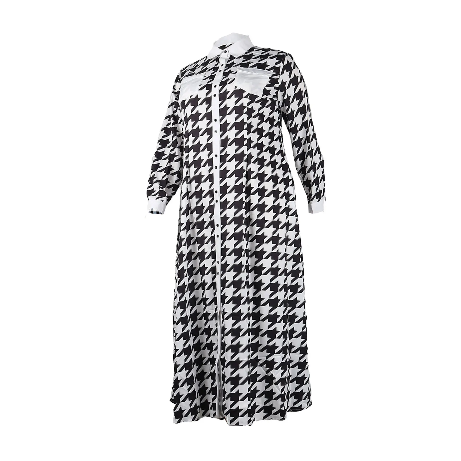 Plus Size Dresses Plus Size Outwear Sexy Printed Long Sleeve DressTurn-down Collar Single Breasted Long Sleeve Dresses for Women
