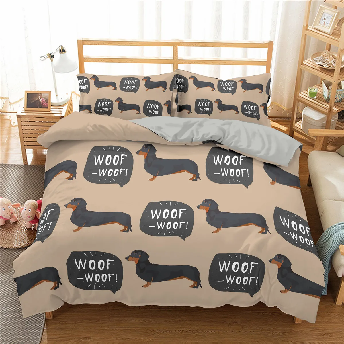 

Cartoon Style Sausage Dog Print Duvet Cover Dachshund Puppy Bedding Set Comforter Covers And Pillowcase Queen King Size 2/3pcs