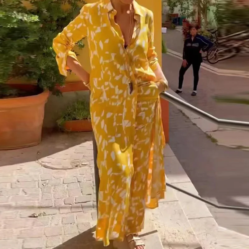 

2023 Casual Summer Women Sets Print Outfits Streetwear Lapel Long Shirt Two Piece Set Retro Single-Breasted Shirts+Trousers Suit